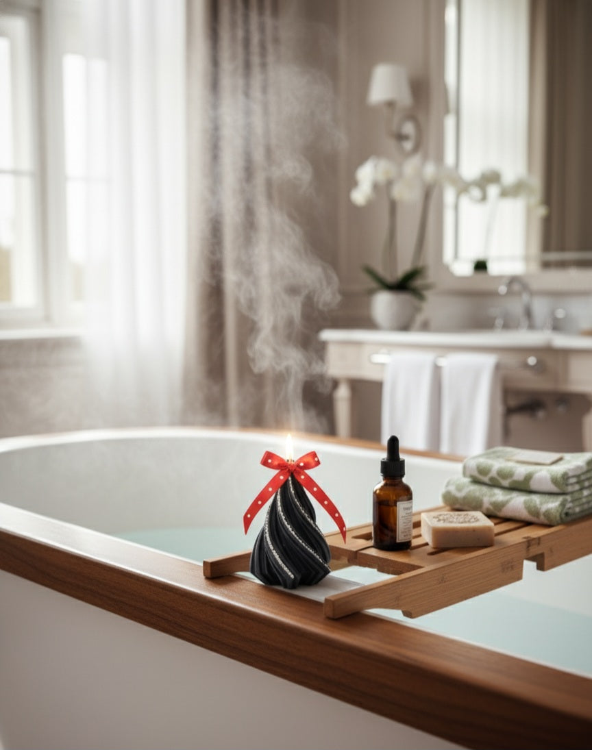 Bath tub with a wooden tray holding a decorative stone, bottle, and towels in a bathroom setting.