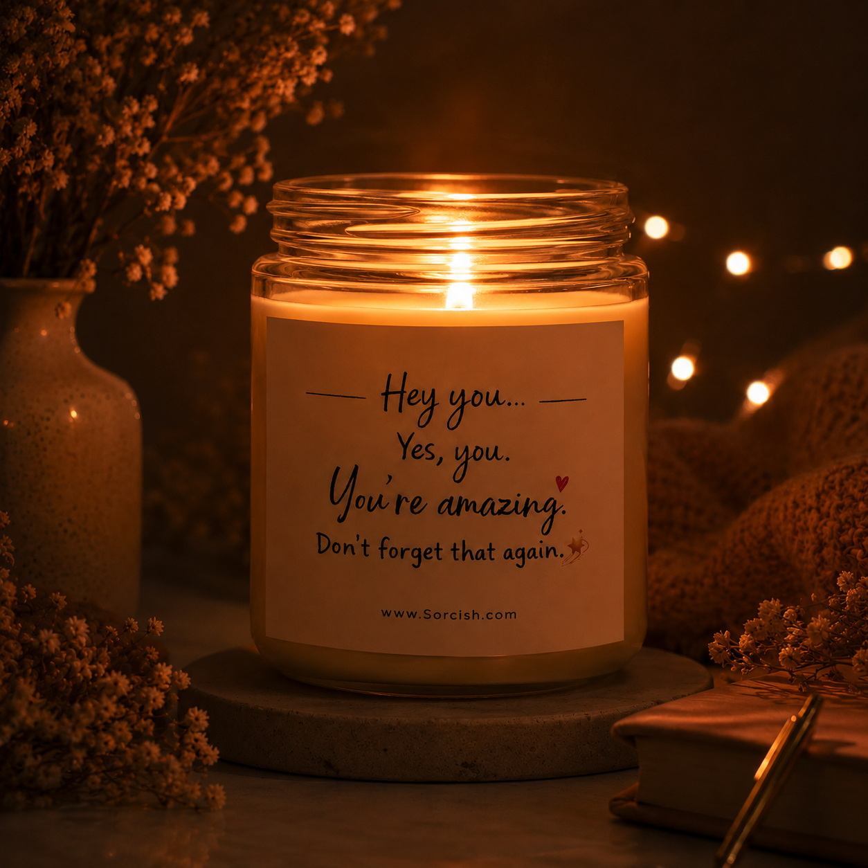 Motivational Message Candle – “Hey You, You're Amazing” Scented Jar Candle | Self Love Gift, Positive Affirmation Candle