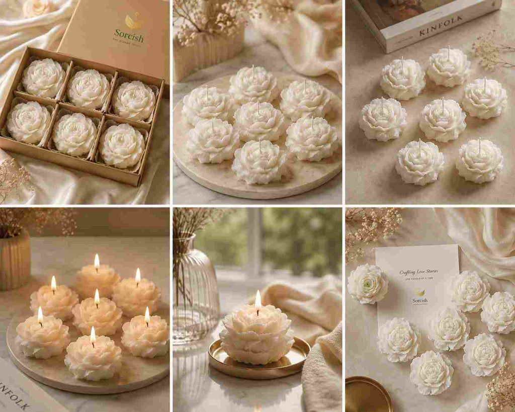 White Rose Peony Scented Flowers Set of 6