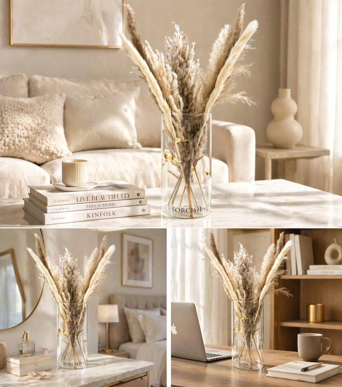 Premium Dried Pampas Grass with Boro Silicate Glass Vase (Pack of 6 Stems) | Natural Boho Decor for Home, Living Room, Office | Luxury Decorative Floral Arrangement