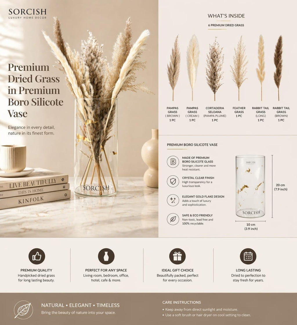 Premium Dried Pampas Grass with Boro Silicate Glass Vase (Pack of 6 Stems) | Natural Boho Decor for Home, Living Room, Office | Luxury Decorative Floral Arrangement