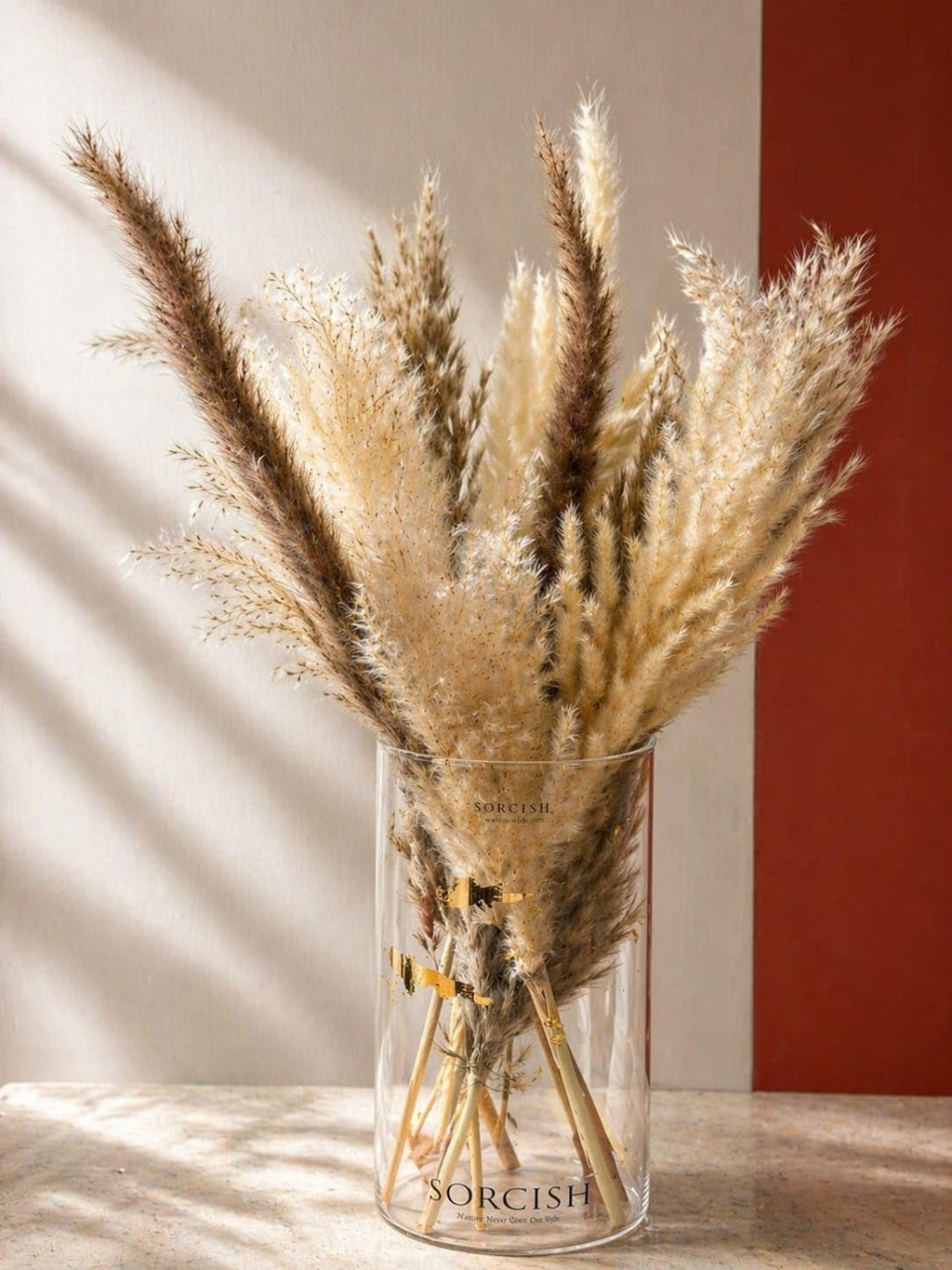 Premium Dried Pampas Grass with Boro Silicate Glass Vase (Pack of 6 Stems) | Natural Boho Decor for Home, Living Room, Office | Luxury Decorative Floral Arrangement