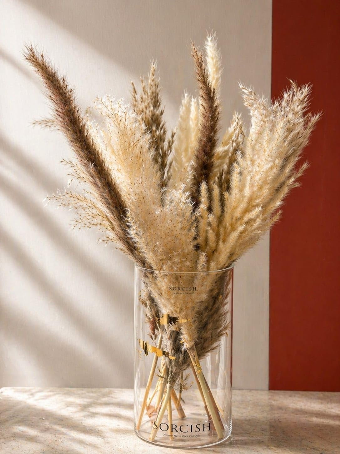 Premium Dried Pampas Grass with Boro Silicate Glass Vase (Pack of 6 Stems) | Natural Boho Decor for Home, Living Room, Office | Luxury Decorative Floral Arrangement