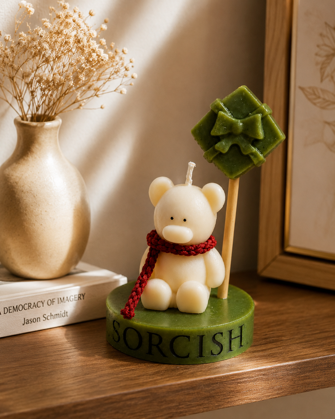 Handmade Soy Wax Bear Candle, Christmas Holiday Home Decor, Decorative Aromatic Candle, White and Green