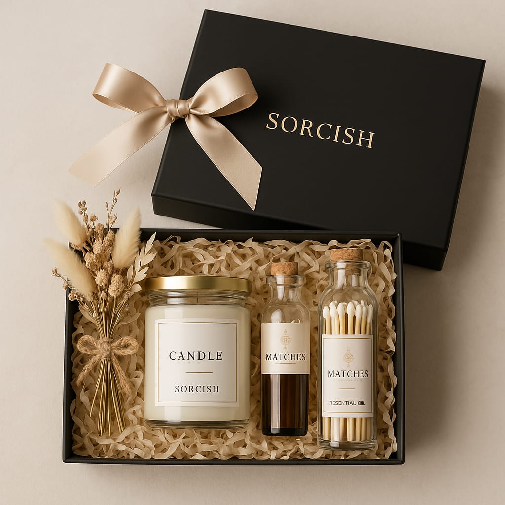 A luxury candle gift set by SORCISH, containing a candle in a glass jar with a gold lid, matches in a glass container, and a small bottle, all presented in a black gift box with a gold bow and surrounded by dried flowers.