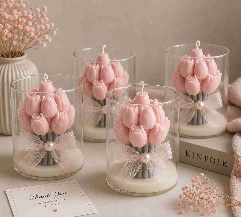 Four pink tulip-shaped candles in clear glass jars with white wax bases, tied with sheer white ribbons and pearl accents, arranged on a tabletop with dried flowers and a card.