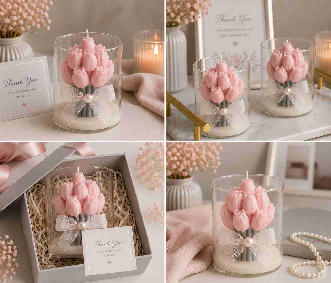 A four-panel collage showing a pink tulip-shaped candle in a clear glass jar, styled in different settings with a candle, framed thank-you card, gift box, and soft home decor props.