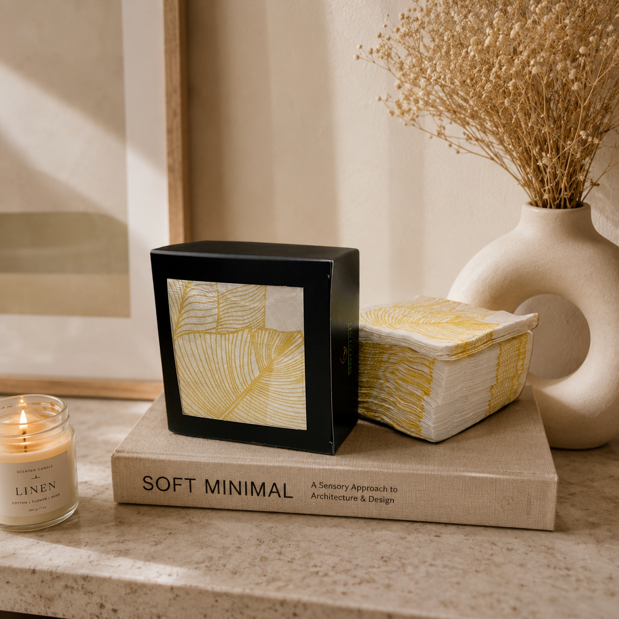 A styled product display featuring a black square box with a yellow and white leaf pattern, a matching stack of folded napkins, and a candle jar on a book on a stone surface.