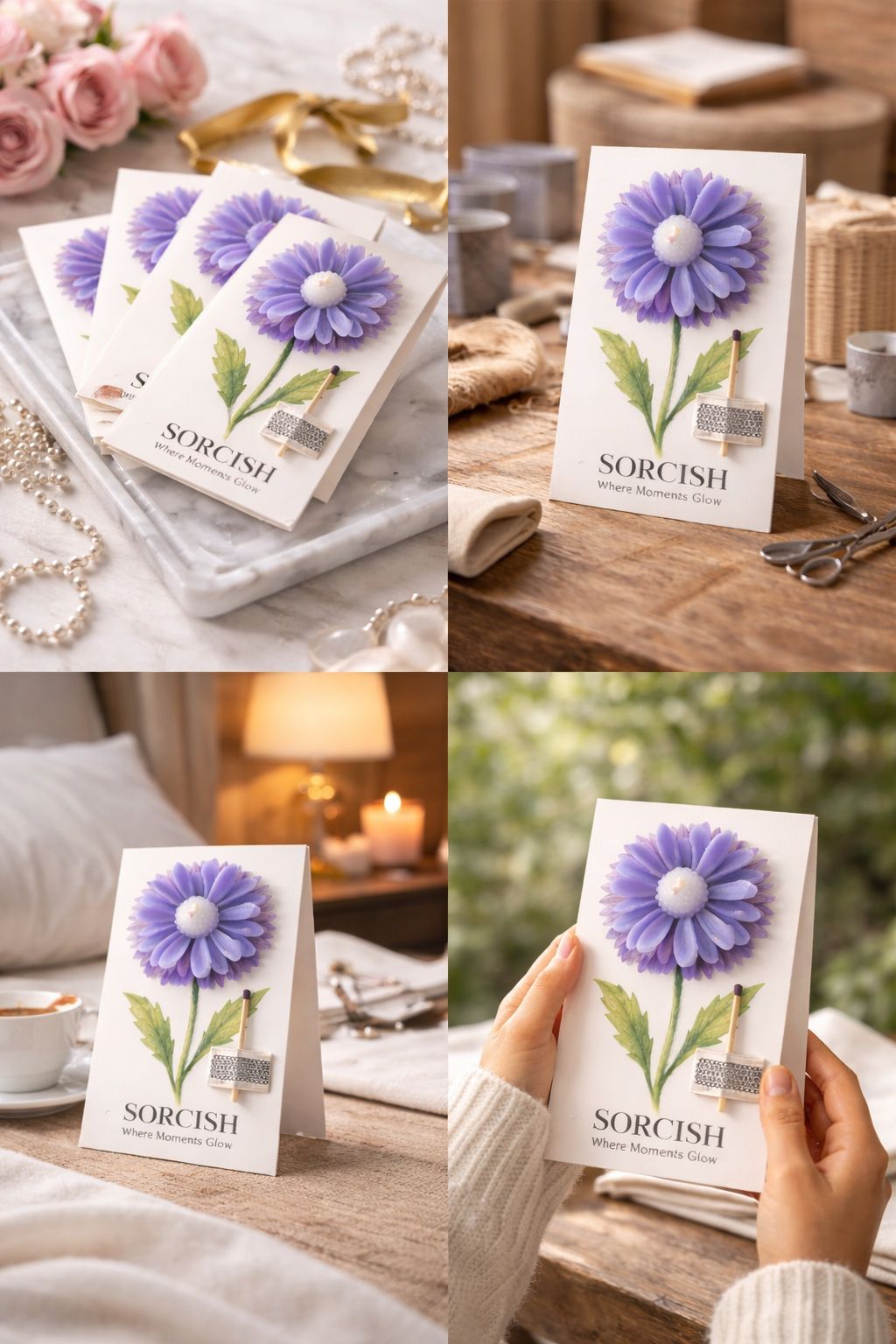 Collage of Sorcish flower packaging on various surfaces with a blurred background.