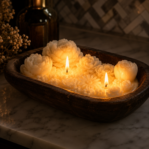 SORCISH Beige Floral Wooden Dough Bowl Candle with Multiple Wicks