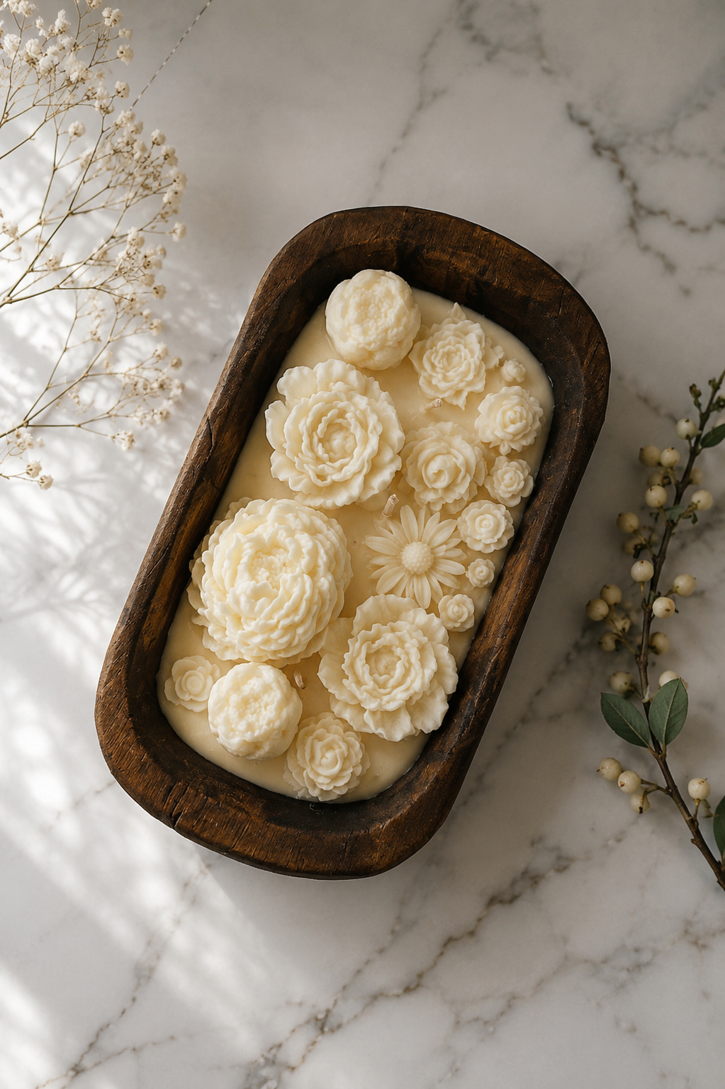 SORCISH Beige Floral Wooden Dough Bowl Candle with Multiple Wicks