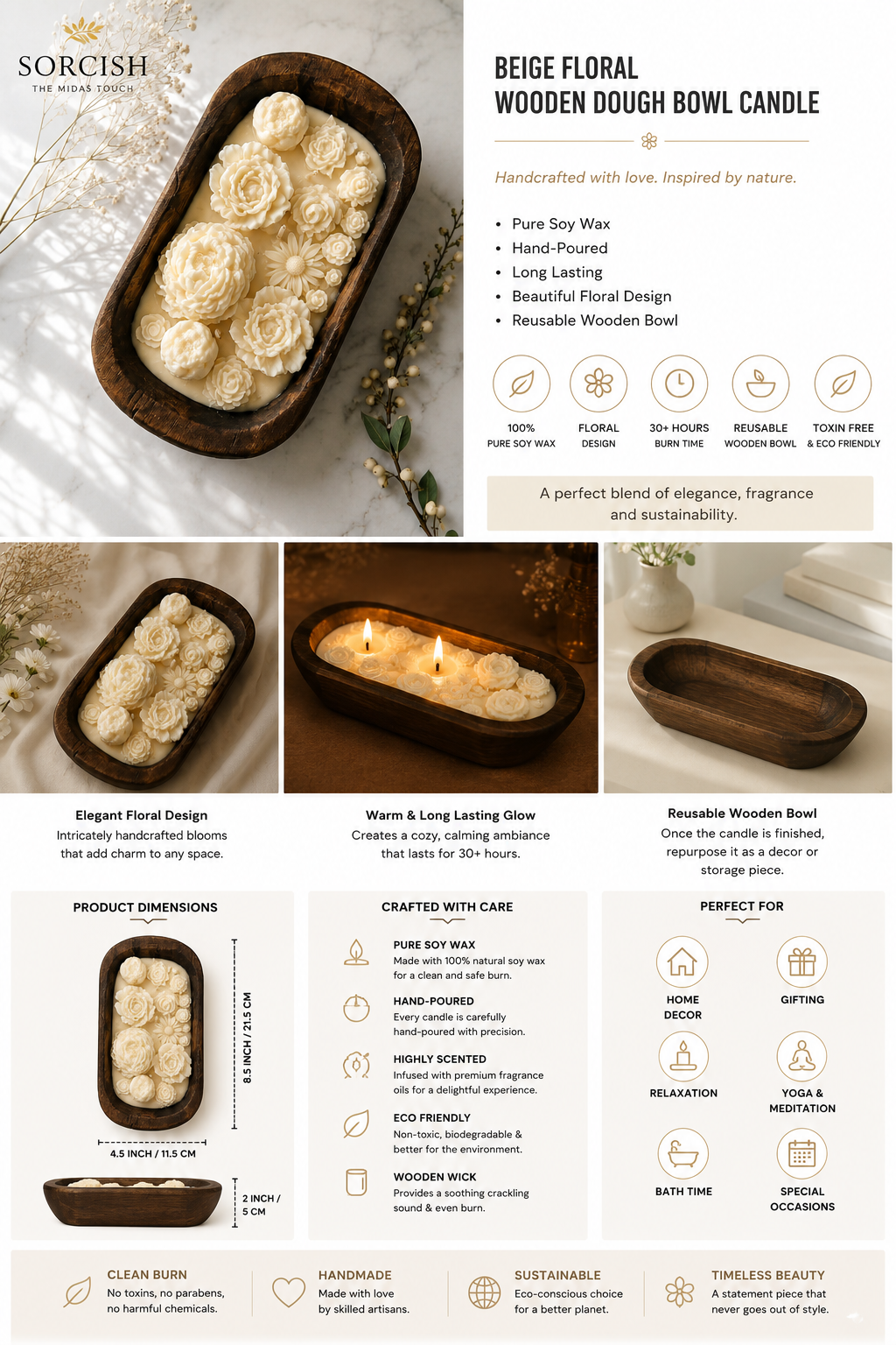 SORCISH Beige Floral Wooden Dough Bowl Candle with Multiple Wicks