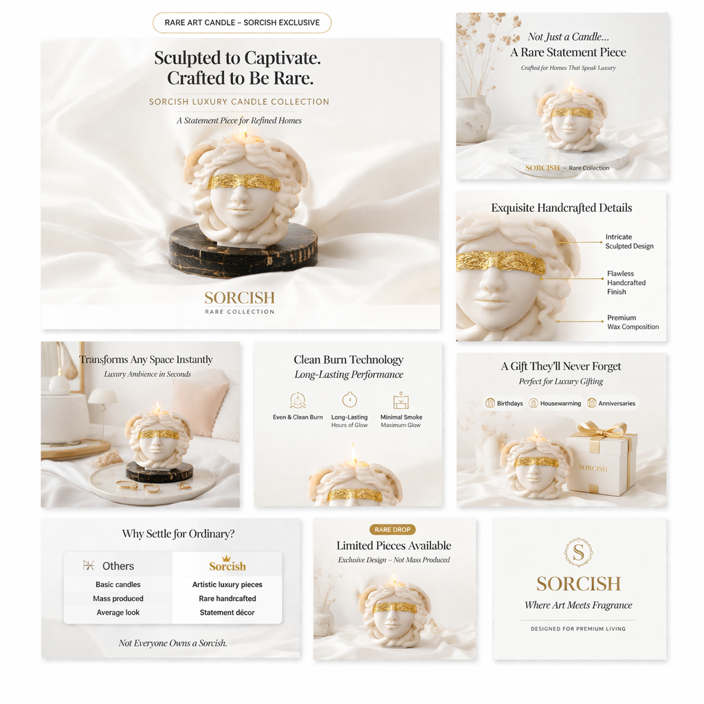 A promotional collage for the Sorcish Rare Art Candle Collection, featuring multiple product photos of white and gold sculptural candles displayed on mannequin heads, with text callouts and branding panels.