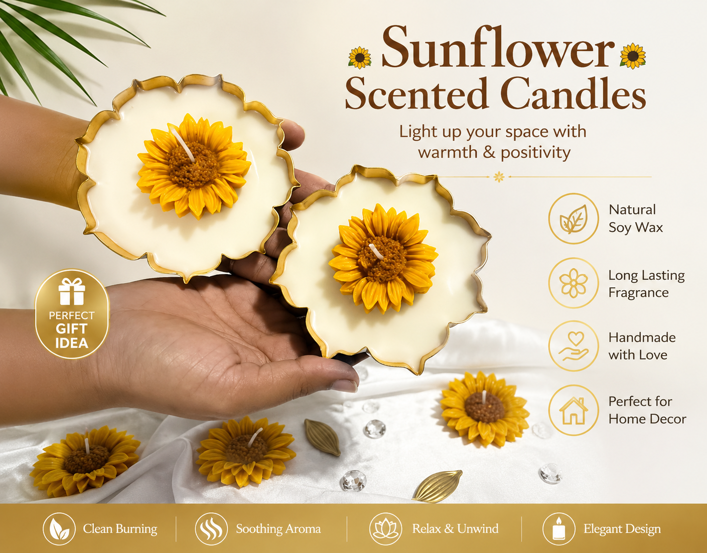 Handcrafted Lotus-Shaped Metallic Candle Holder with Sunflower Design, White and Gold, Decorative Set of 2 for Home, Pooja, Diwali