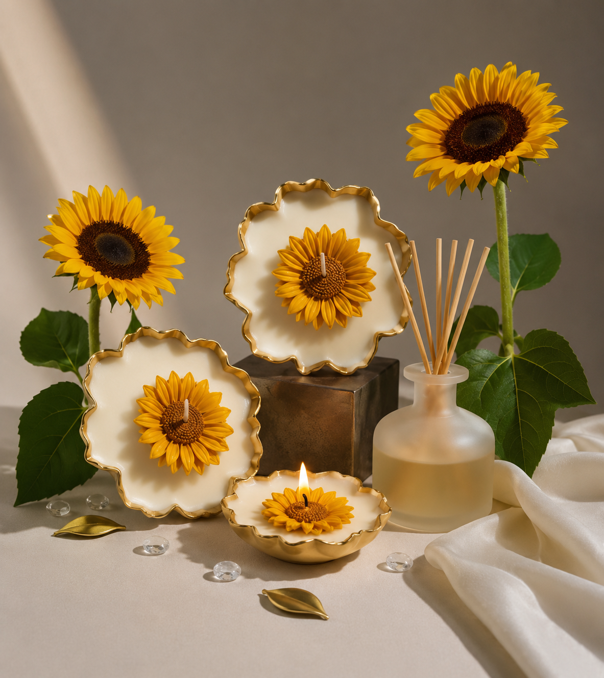 Handcrafted Lotus-Shaped Metallic Candle Holder with Sunflower Design, White and Gold, Decorative Set of 2 for Home, Pooja, Diwali