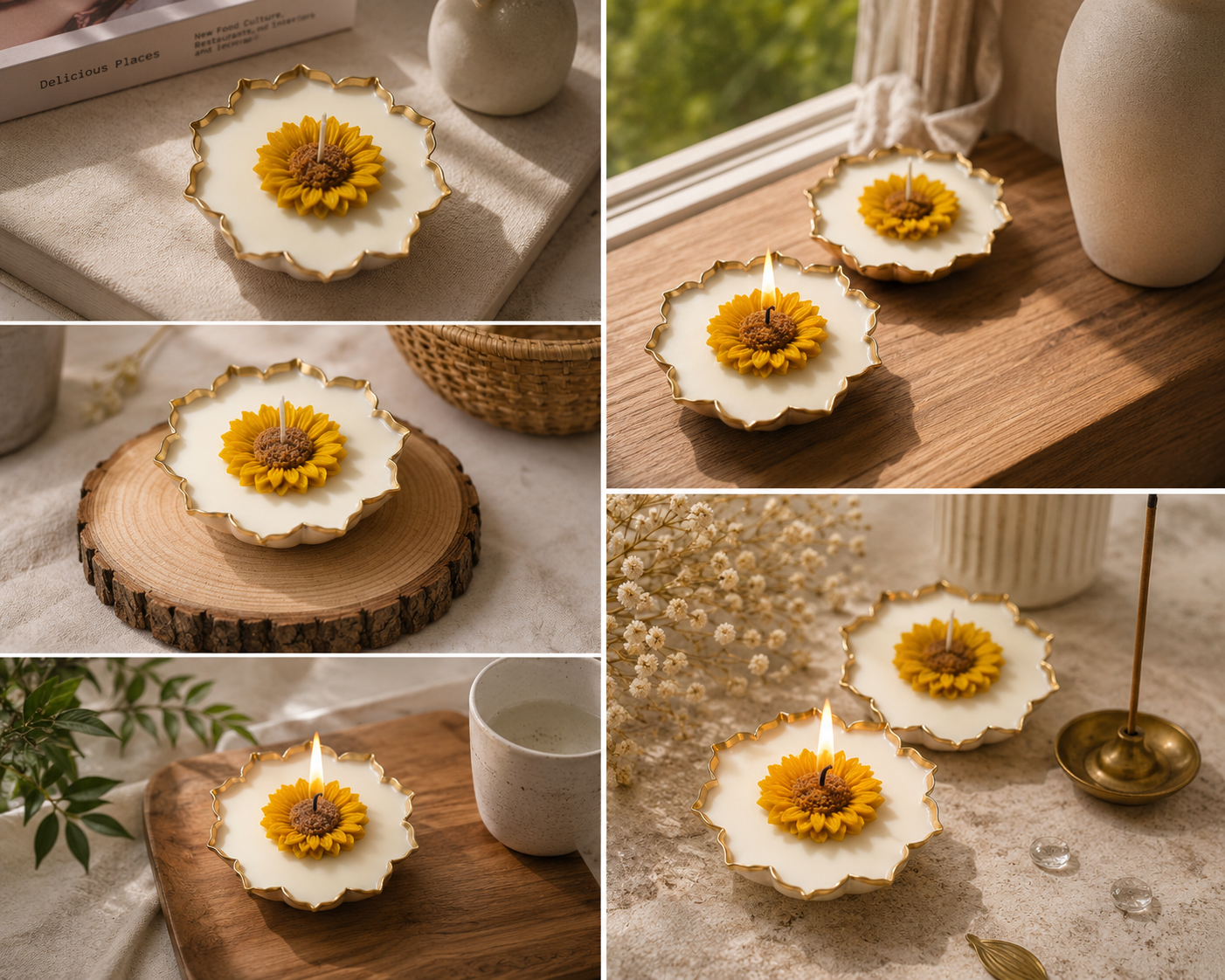 Handcrafted Lotus-Shaped Metallic Candle Holder with Sunflower Design, White and Gold, Decorative Set of 2 for Home, Pooja, Diwali