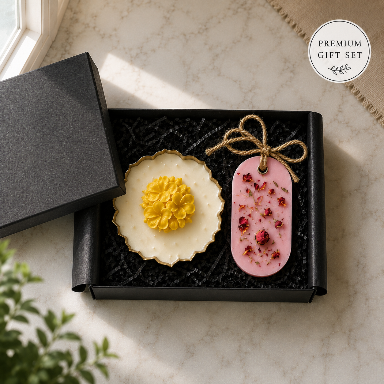 Luxury Scented Candle Gift Set with Botanical Wax Sachet | Floral Urli Design, Soy Wax Candle, For Women, Diwali & Rakhi, Home Décor