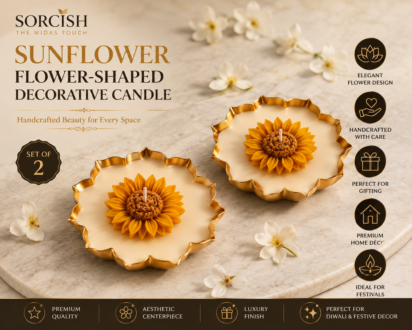 Handcrafted Lotus-Shaped Metallic Candle Holder with Sunflower Design, White and Gold, Decorative Set of 2 for Home, Pooja, Diwali