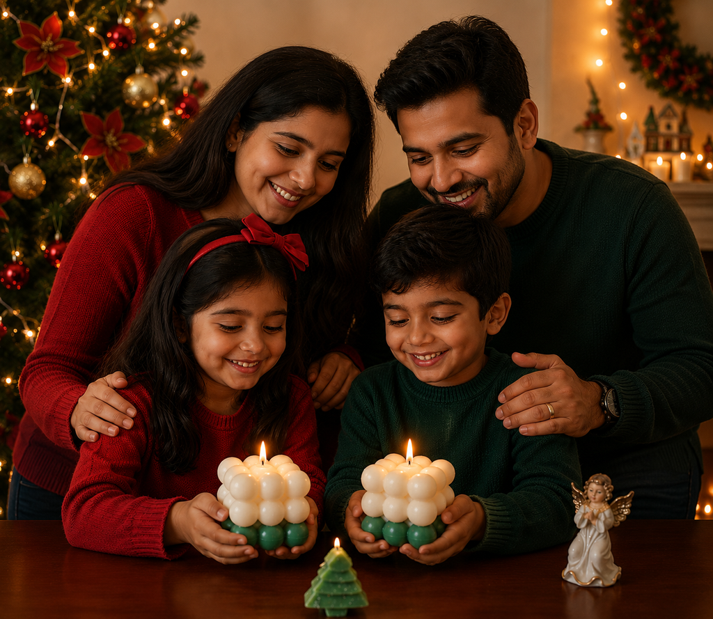 Family of four celebrating Christmas with bubble candles and a decorated tree.