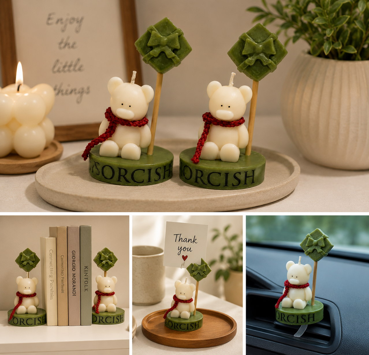 Handmade Soy Wax Bear Candle, Christmas Holiday Home Decor, Decorative Aromatic Candle, White and Green