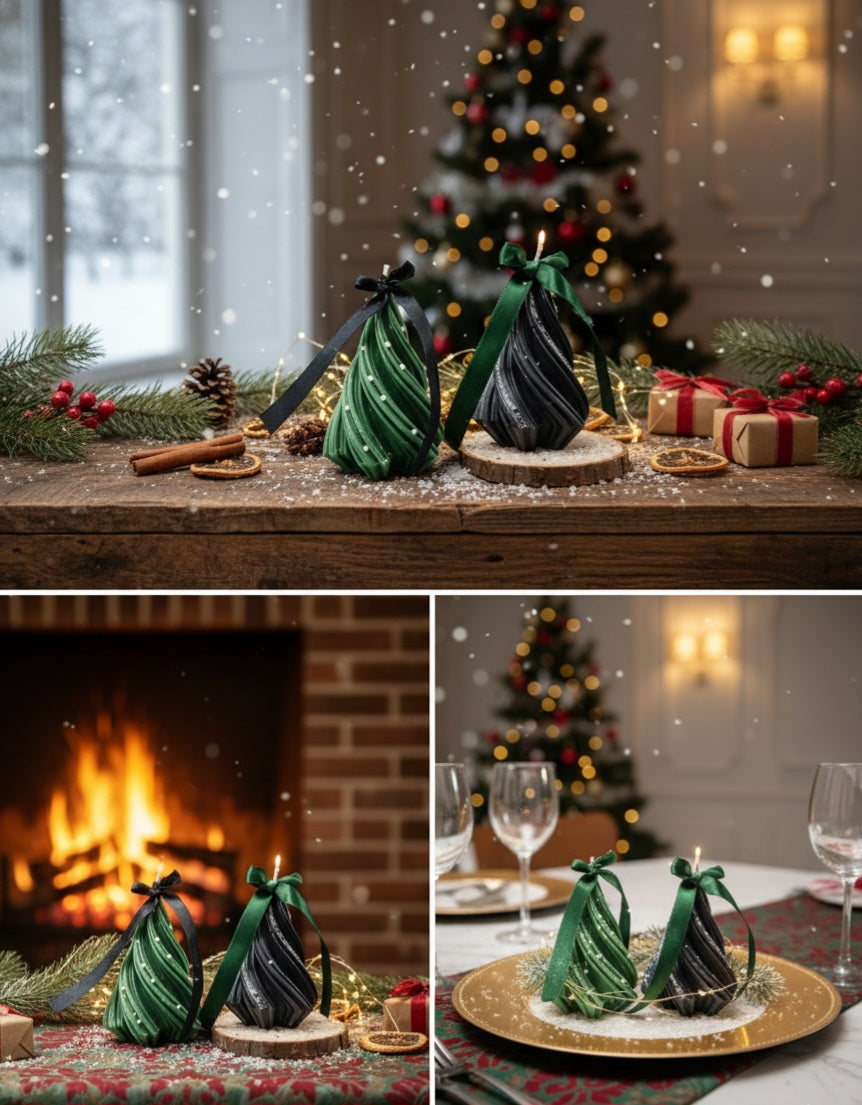 Decorative green and black items on a table with a Christmas tree and presents in the background.