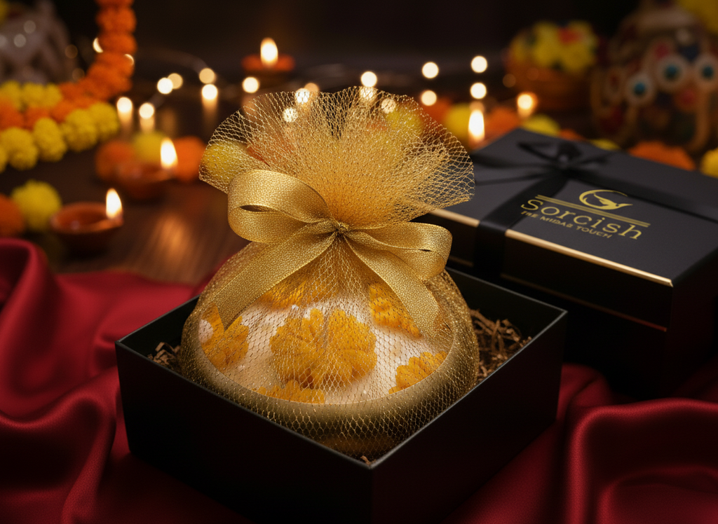 Gift bag with yellow flowers in a black box on a dark background with candles