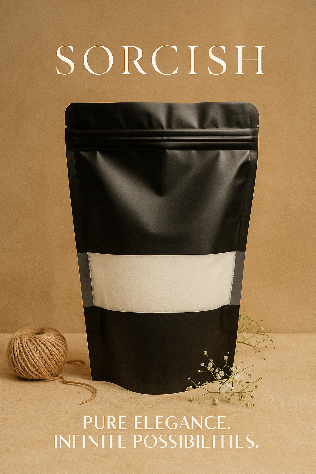 A matte black stand-up pouch with a wide white horizontal band across the middle, photographed on a warm beige background with decorative twine and small flowers. The word 'SORCISH' appears at the top and 'PURE ELEGANCE.