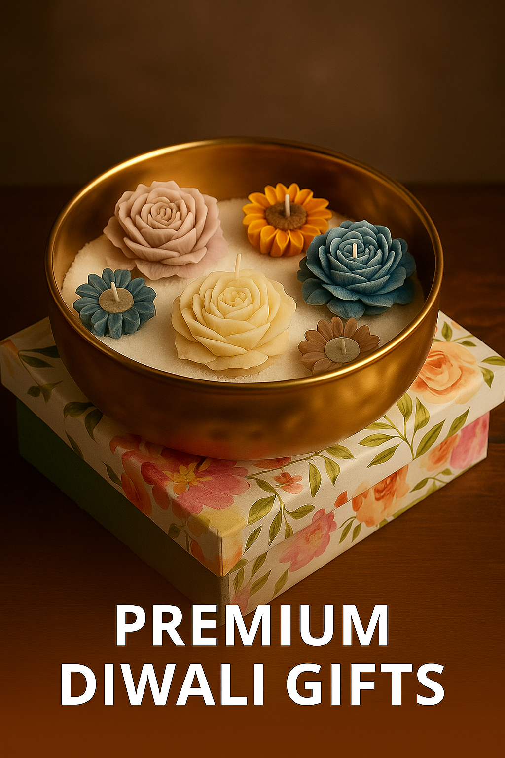 Decorative bowl with flowers on a floral box, labeled 'Premium Diwali Gifts'.