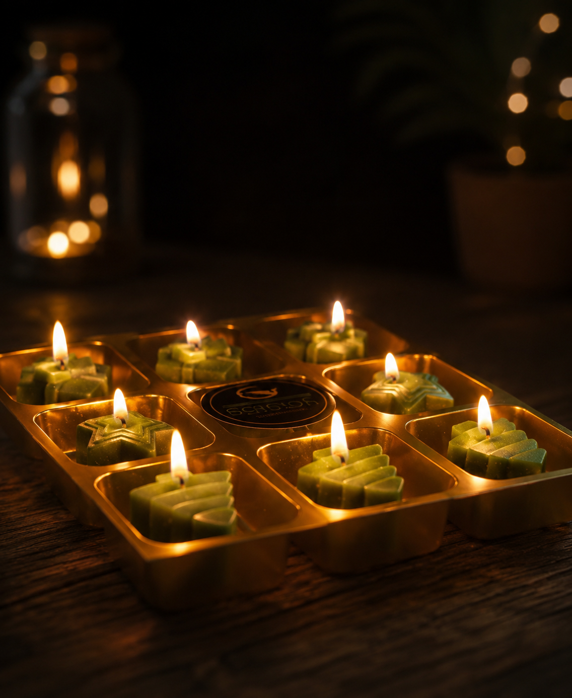 Christmas Soy Wax Candles Set, 9 Piece Festive Shaped Green Aromatics with Tree, Star and Gift Designs, Premium Holiday Home Decor in Gold Box
