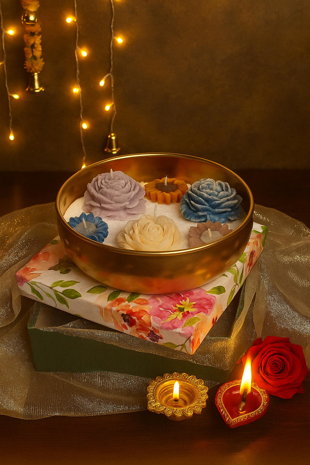 Decorative tray with flowers, candles, and string lights on a warm-toned background