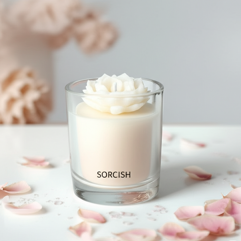 A small, white rose scented candle with the brand name 'SORCISH' on the glass jar, surrounded by pink rose petals and a soft focus floral background.