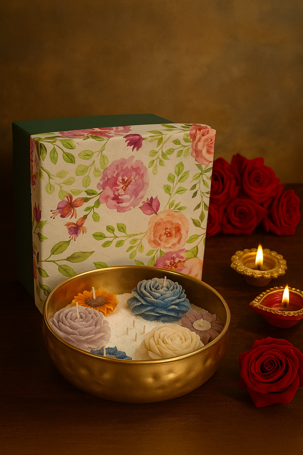 Decorative bowl with flowers, a floral-patterned box, and lit candles on a wooden surface.
