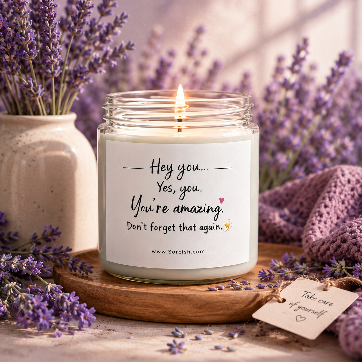 Motivational Message Candle – “Hey You, You're Amazing” Scented Jar Candle | Self Love Gift, Positive Affirmation Candle