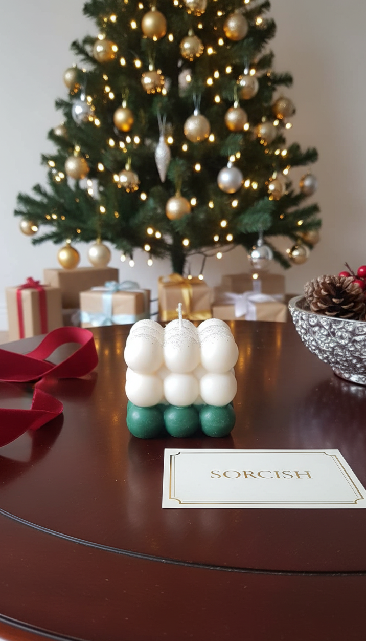 Decorative candles with green and white balls on a table in front of a Christmas tree.