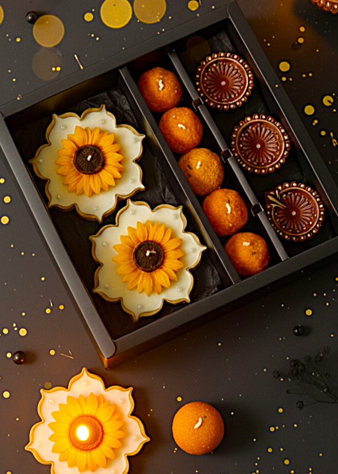SORCISH Luxury Diwali Gift Hamper | Sunflower Urli Scented Candles, Ladoo Candles, Decorative Diyas & Matchsticks | Premium Festive Gift Box