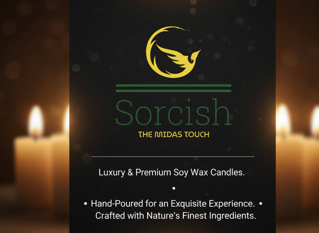 Sorcish candle brand advertisement with candles in the background