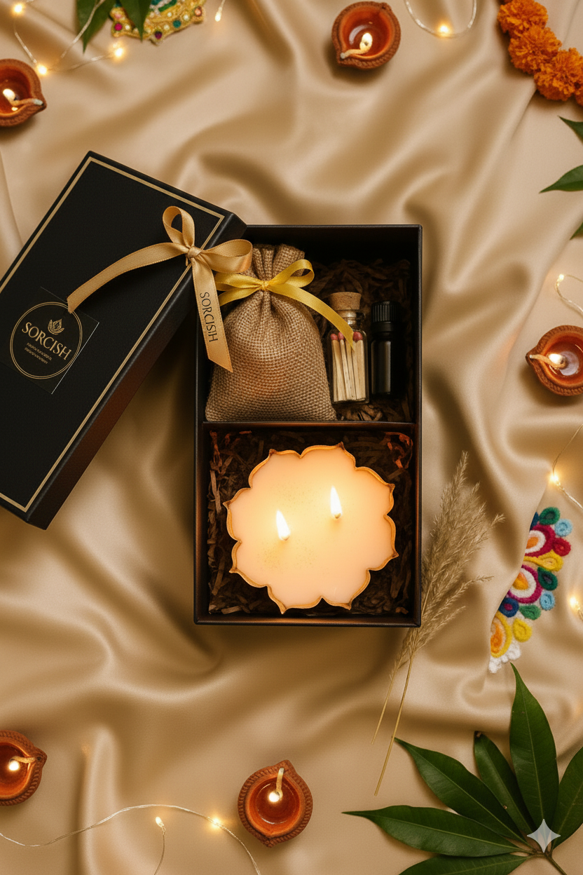 SORCISH Luxury Diwali Gift Hamper | Premium Urli Scented Candle, Potpourri, Fragrance Oil & Matches | Elegant Festive Gift Box