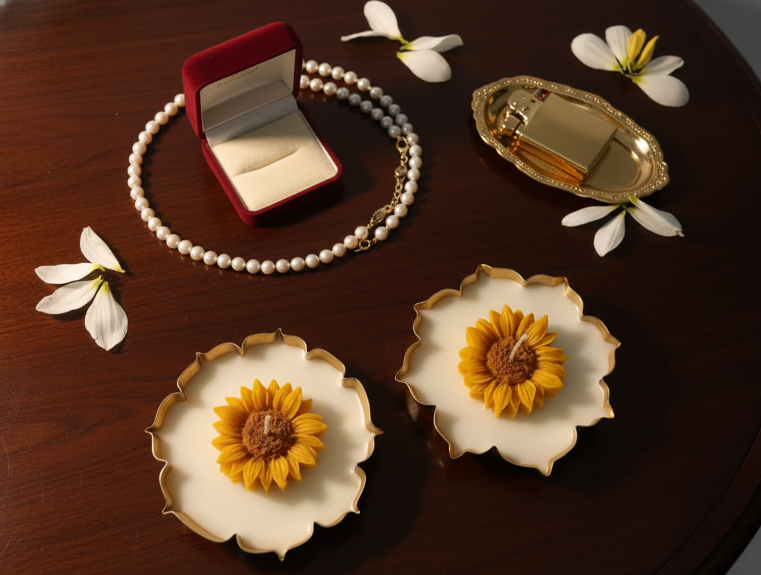 Handcrafted Lotus-Shaped Metallic Candle Holder with Sunflower Design, White and Gold, Decorative Set of 2 for Home, Pooja, Diwali