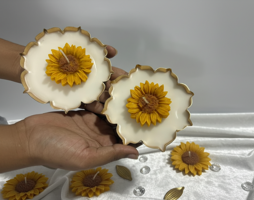 Handcrafted Lotus-Shaped Metallic Candle Holder with Sunflower Design, White and Gold, Decorative Set of 2 for Home, Pooja, Diwali