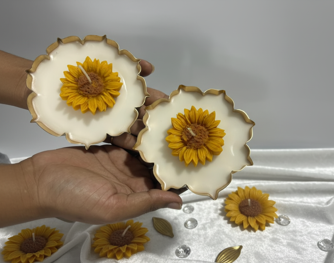 Handcrafted Lotus-Shaped Metallic Candle Holder with Sunflower Design, White and Gold, Decorative Set of 2 for Home, Pooja, Diwali