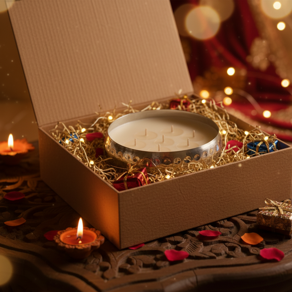 Decorative candle in a box with gold chains and red flowers, surrounded by blurred lights and candles.