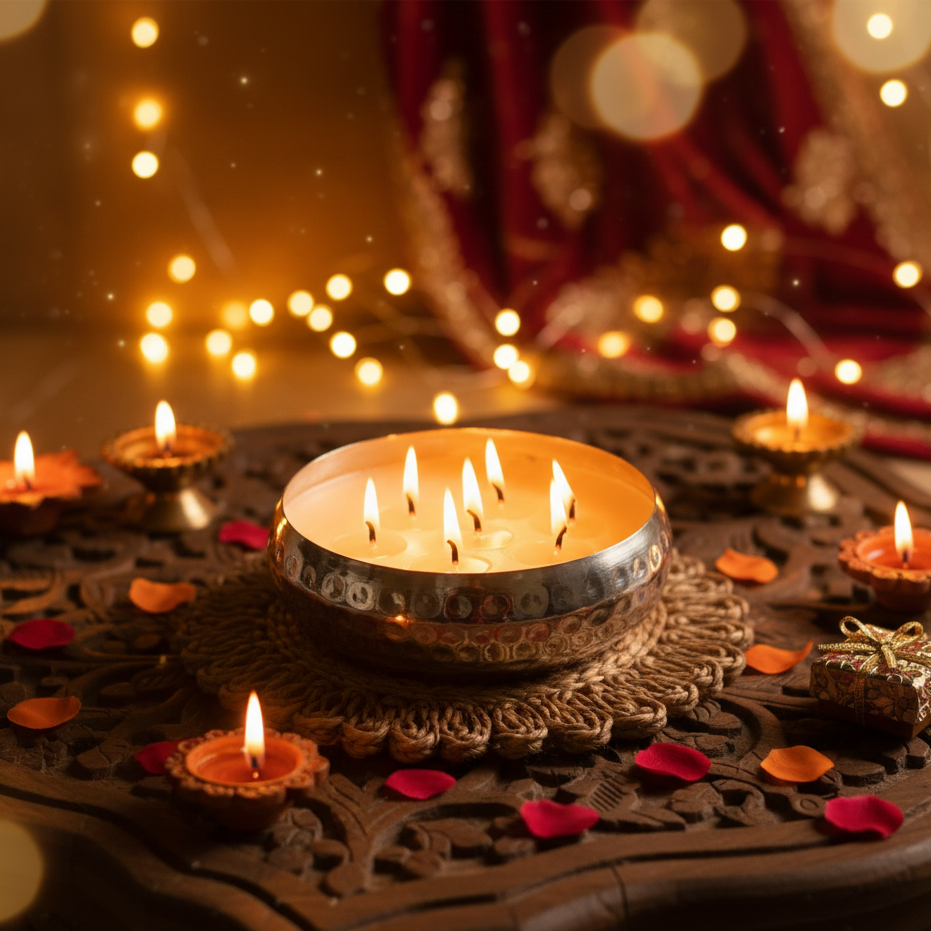 Decorative candles on a textured surface with blurred lights and 'SORCISH' branding.