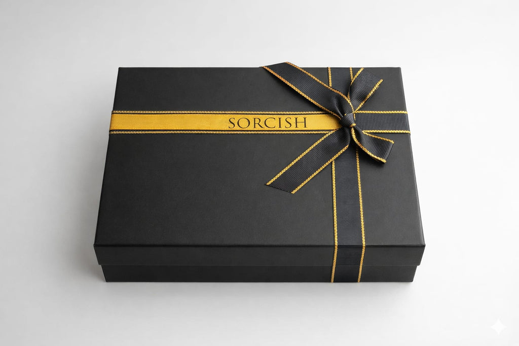 Black gift box with gold ribbon and 'SORCISH' branding on a light gray background