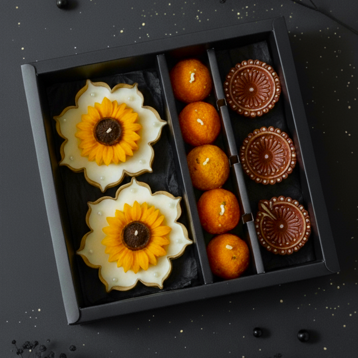 Decorative cookies shaped like sunflowers and pumpkins in a black box on a dark background