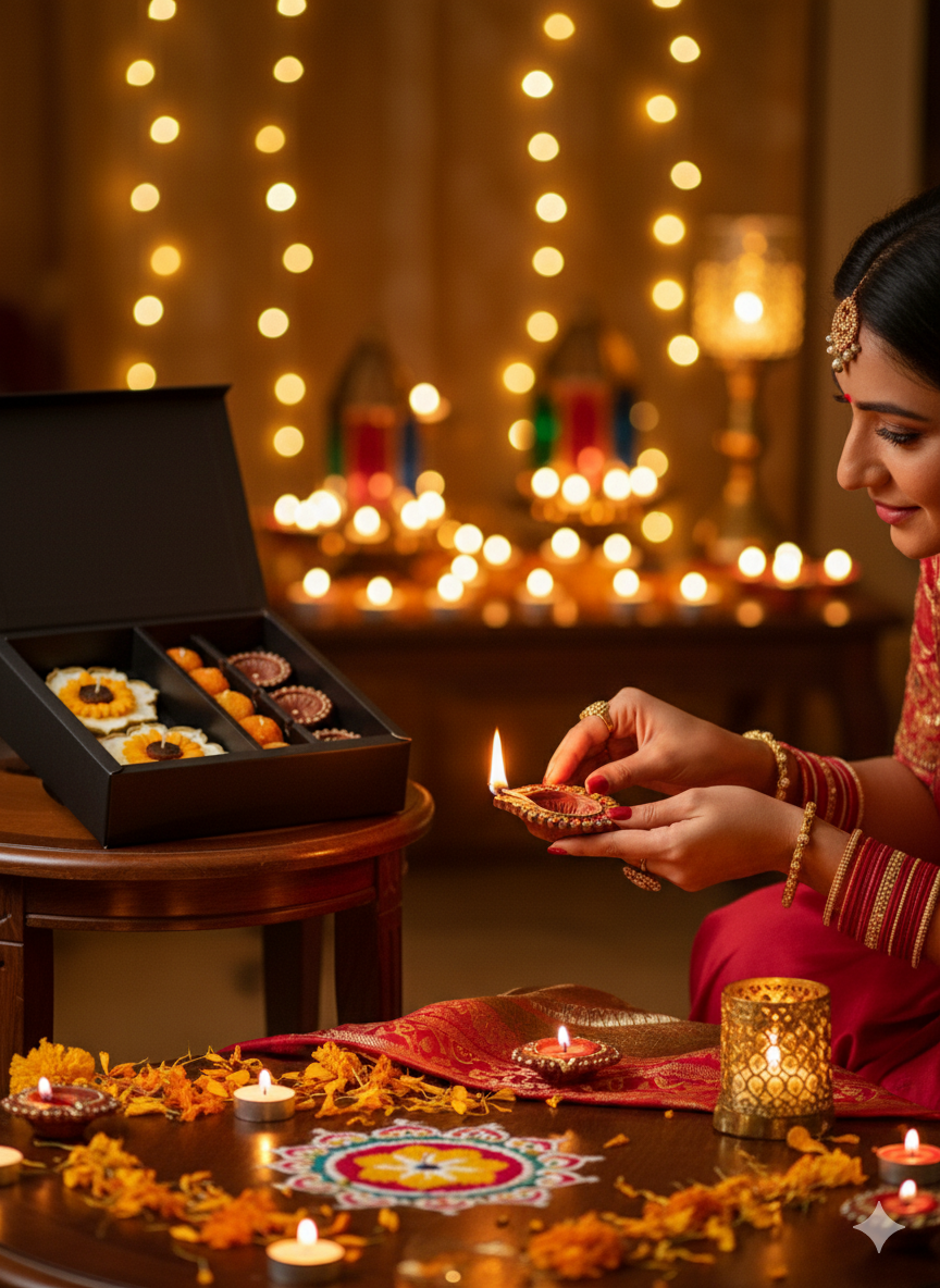 Woman lighting a Diwali diya with decorative lights and sweets in the background