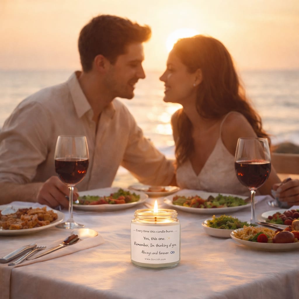 Couple enjoying a romantic dinner by the sea with a candle in the foreground.