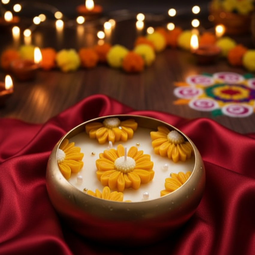 Decorative oil lamp with floral design on a red cloth, surrounded by lit candles and rangoli patterns.