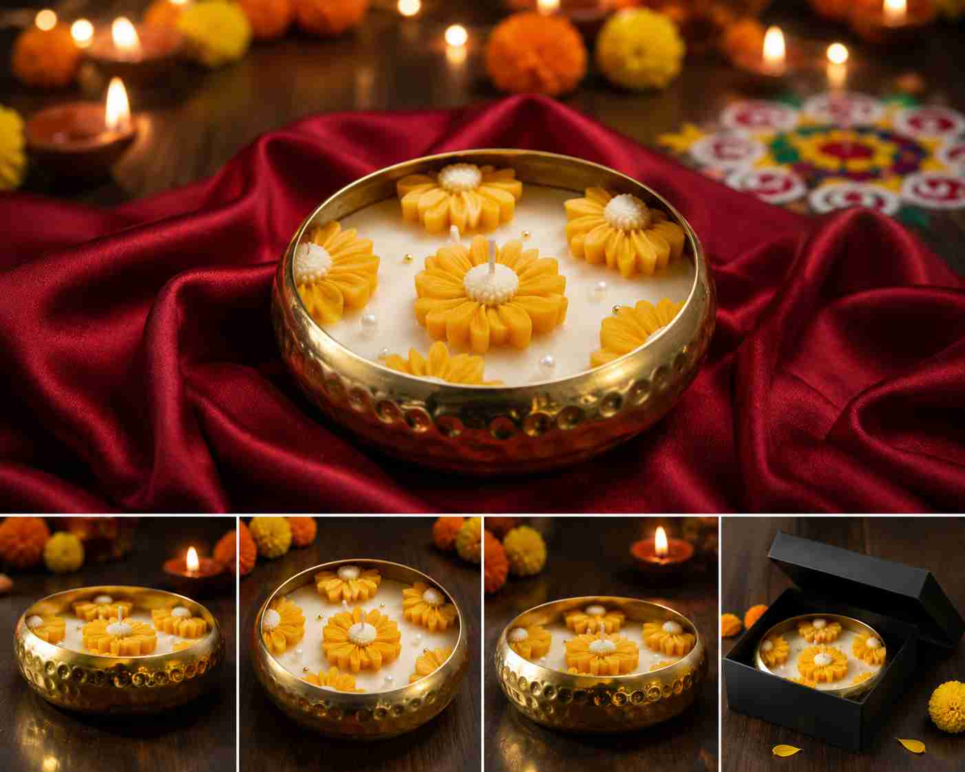 Decorative oil lamp with floral designs on a red fabric background, suitable for Diwali celebrations.