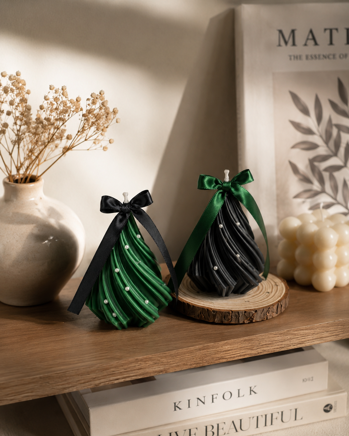 Decorative Christmas Tree Scented Candles Set, 11cm x 8cm, Pearl and Snow Effect, Large Holiday Candles for Home, Party, Table Decor, 2 Pieces
