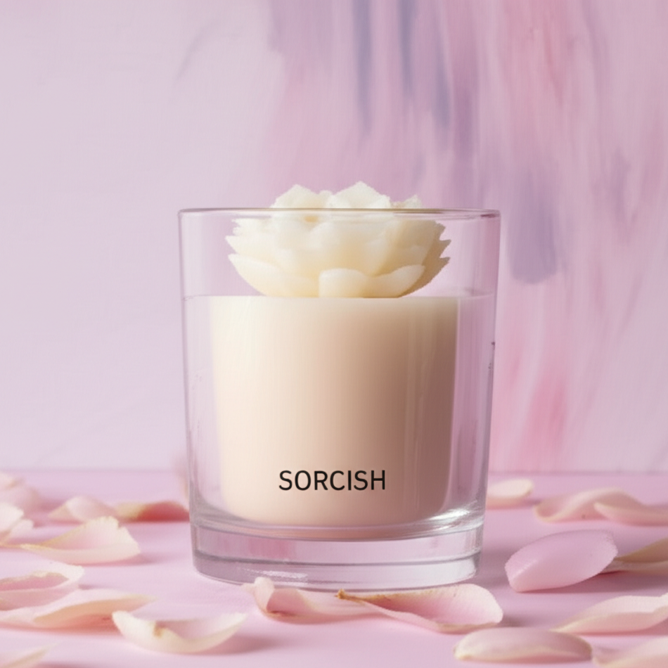 Candle in a glass container with floral design on a pink background